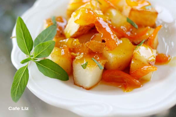 Pan fried potatoes with kumquat orange basil glaze